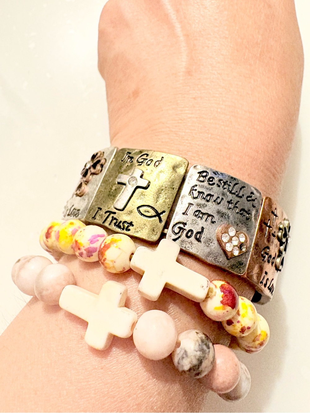 Faith Cross Stackable Bracelet Set of 3pc in Pink & Gold